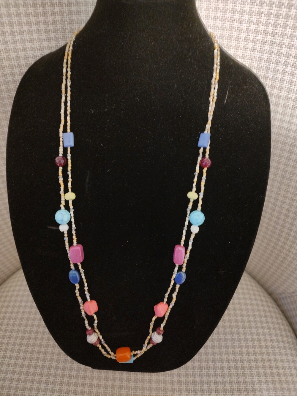 Colorful Multi-Bead Long Necklace - Blue, Pink, Orange Accents